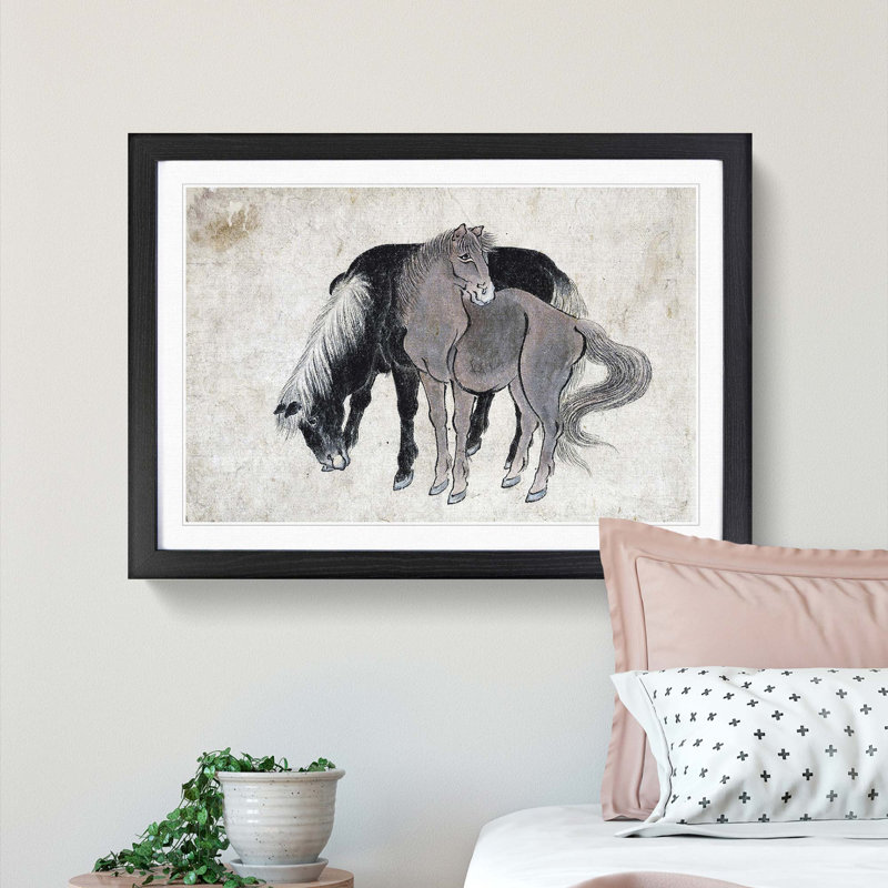 Two Horses by Katsushika Hokusai - Framed Print, 27cm H x 36cm W x 2cm D, Black Framed