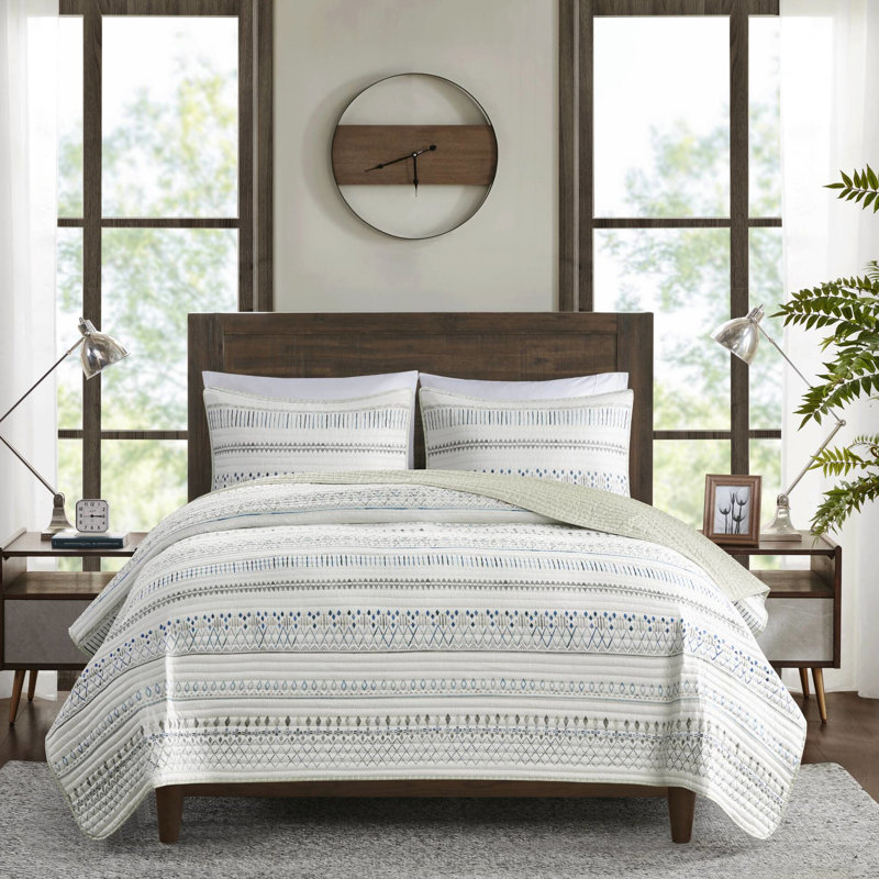 Ensemble de courtepointe 3 pièces en microfibre taupe / bleu en seersucker, double / grand, avec courtepointe Channel Design, taupe / bleu, literie double / grand