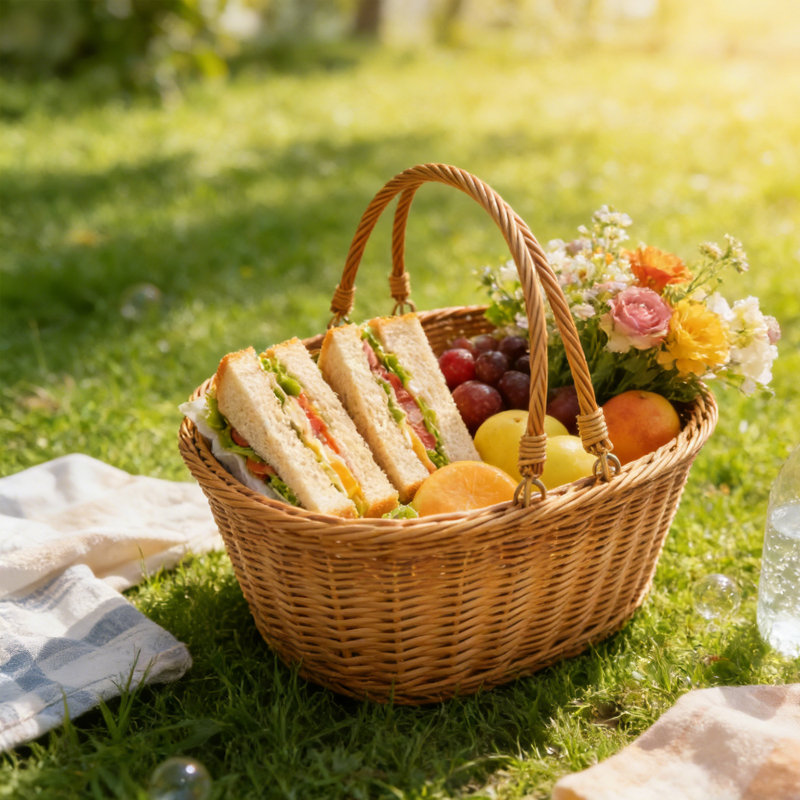 Panier en pique-nique en rotin de style PP avec poignées pliables - Panier de rangement imperméable et léger pour Pâques, Noël, pique-nique, décoration intérieure, salle de bain et organisation de cuisine