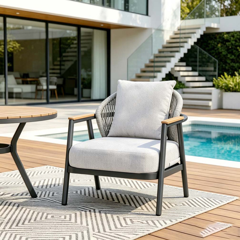 Fauteuil club d'extérieur en corde, Gris-1