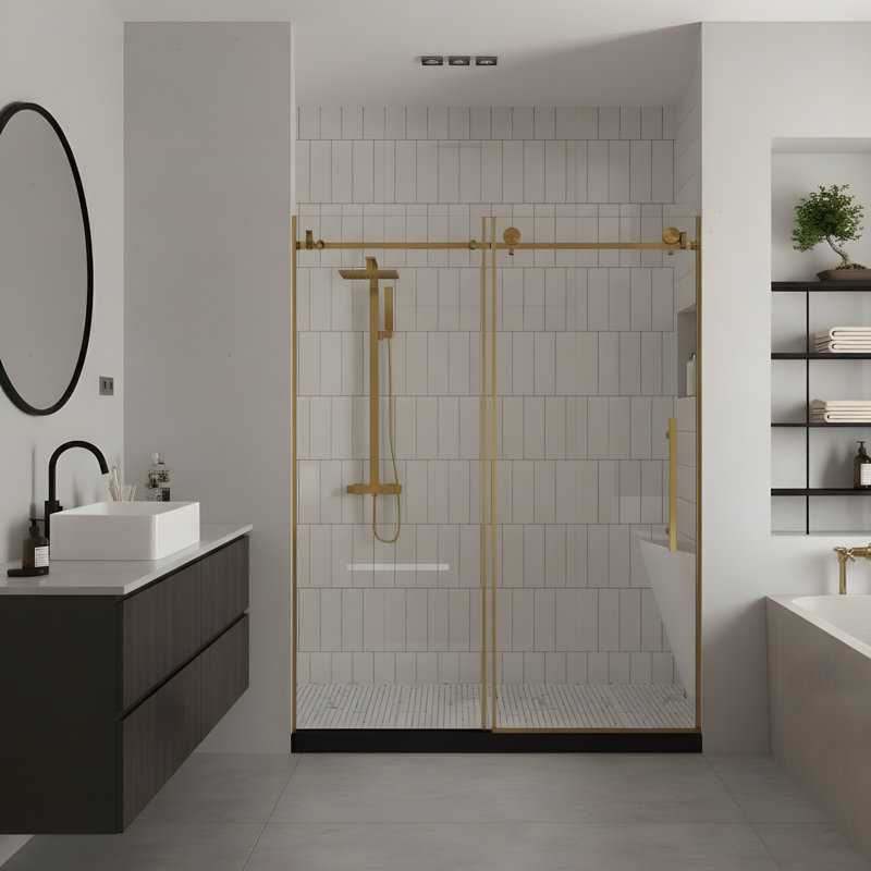 Frameless shower door 44-48"W x 76" H, 1/4 "(6 mm) Clear Tempered Glass, Explosion Proof Film, Stainless Steel Handle,Brushed Gold