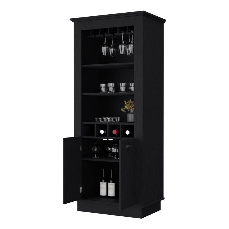 Practical Bar Cabinet With Wine Rack And Storage Shelf Space Modern Featuring 4-Built In Convenient, Black