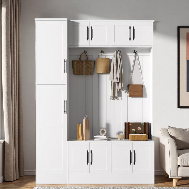 4-in-1 Tall Modern Hall Tree With Shoe Storage,  Cabinets, Coat Hooks, Metal Handles And Adjustable Shelves, White