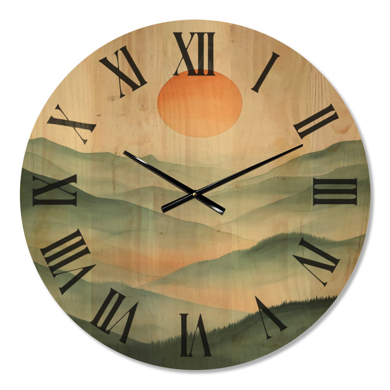 Coucher de soleil sur les collines ondulantes I - Horloge murale ronde en bois de style bohème, Médium