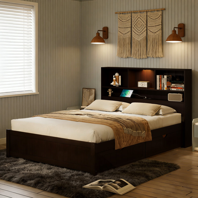 Pine Wood Platform Bed with 2 Drawers and Bookcase Headboard, Storage Bed Frame with USB Charging Station and light, No Box Spring Needed, Espresso, Twin