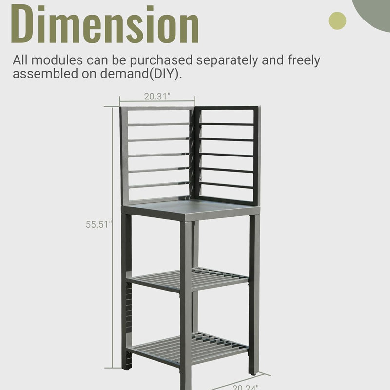 Aluminum Outdoor Kitchen Island Desk: Modular Design, Protective Cover, 20.16In. X 56.83In., Grey Storage Island: Powder-Coated Frame, Food-Safe Countertop, Adjustable Leveler Feet, 21.2 Lb, 20.16"