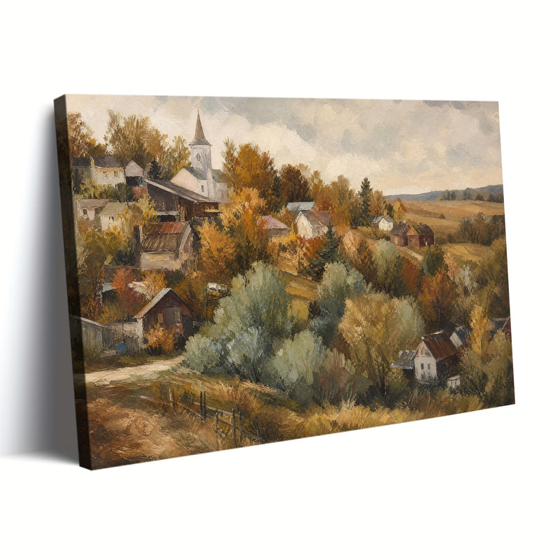 Tableau sur toile vintage représentant un paysage champêtre d'automne avec une église et un village, idéal pour la décoration de ferme.