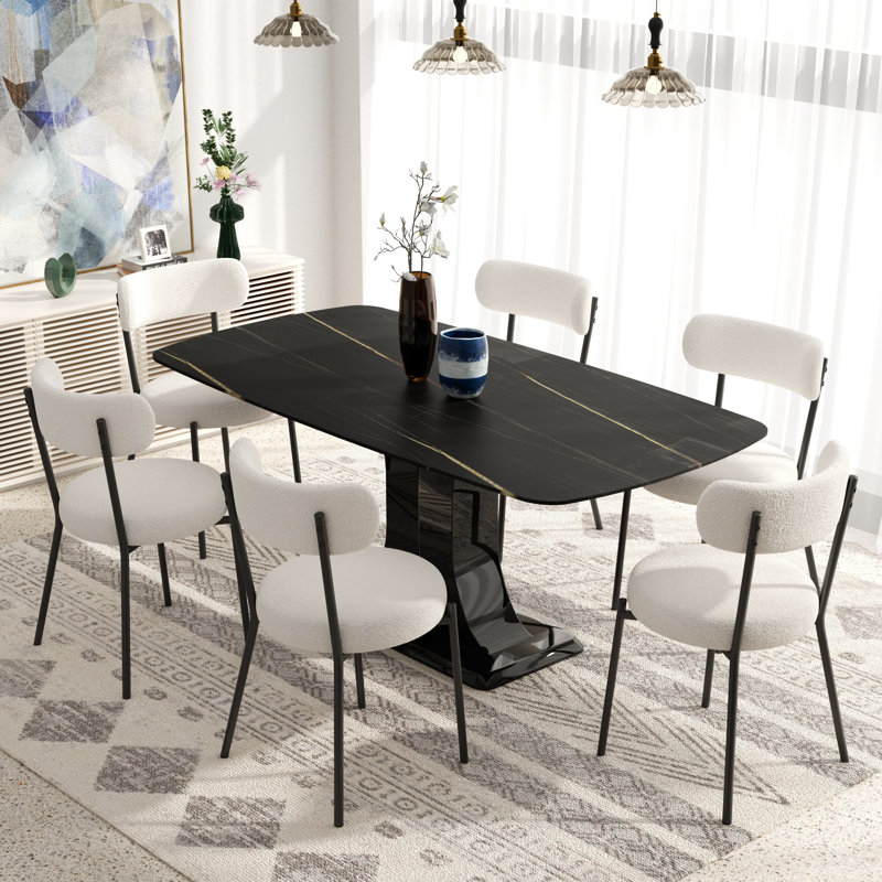 Ensemble de salle à manger rectangulaire moderne avec chaise Teddy, Noir / blanc, Noir, 7 pièces (table, 6 chaises)