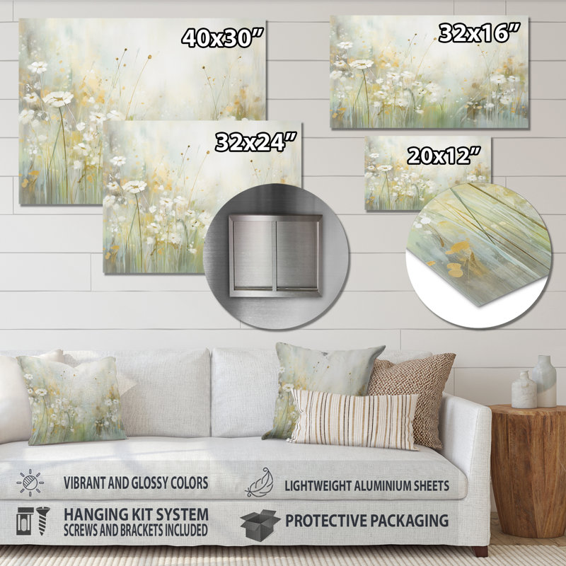 «Green Beige Serene Meadows II», reproduction botanique abstraite sur métal, H 24 po x l 32 po