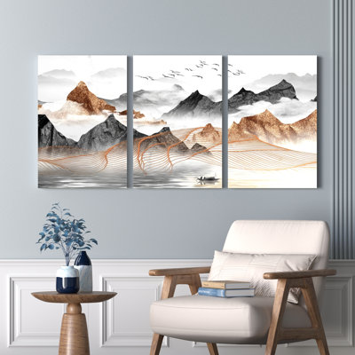 Ensemble de 3 tableaux sur toile représentant un paysage de montagne avec bateau et oiseaux