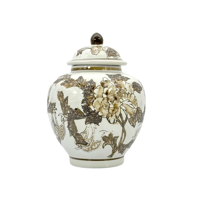 Brown & White Chinoiserie Ceramic Urn Style Jar 10"