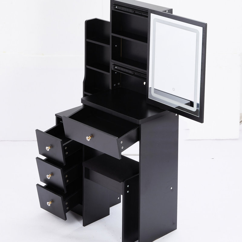 Left Bedside Cabinet Vanity With Comfortable Seat & Touchable Sliding Led Mirror, Variable Brightness And Switching, Black , American Design Small Size Table Adjustable Three Color Options, Cushioned
