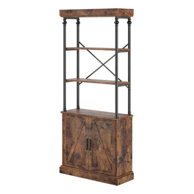 Tall Rustic Wood & Metal Bookshelf with Lockable Cabinet, 4-Tier Freestanding Heavy-Duty Storage