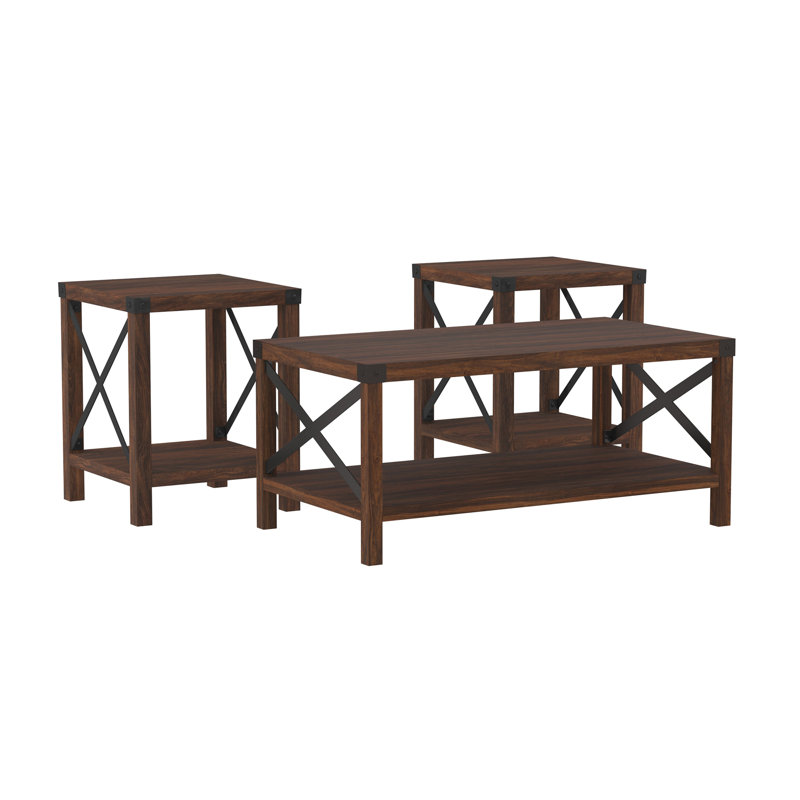 Ensemble de tables d'appoint en bois rustique et en métal 3 pièces Letio - Noyer foncé