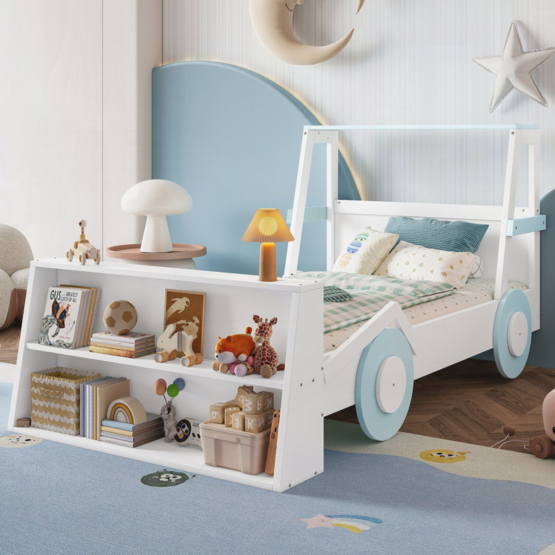 Lit voiture avec tablettes de rangement, lit plateforme en forme de voiture, Blanc / Bleu