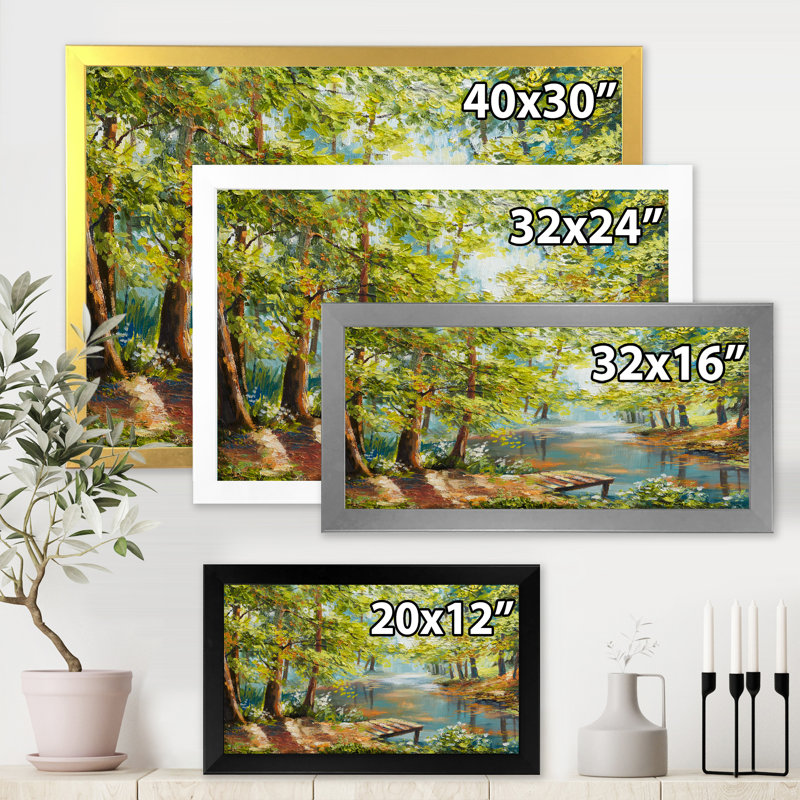 Forêt d'automne avec rivière sinueuse - Peinture sur toile, H 30 po x l 40 po x 1,5 po, Cadre photo blanc