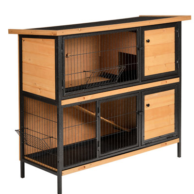 Lapin 48 po - Bois massif et métal, toit en asphalte imperméable, plateau sans fuites, rampe en bois pour animaux de compagnie à 2 niveaux, structure en métal, aire d'alimentation