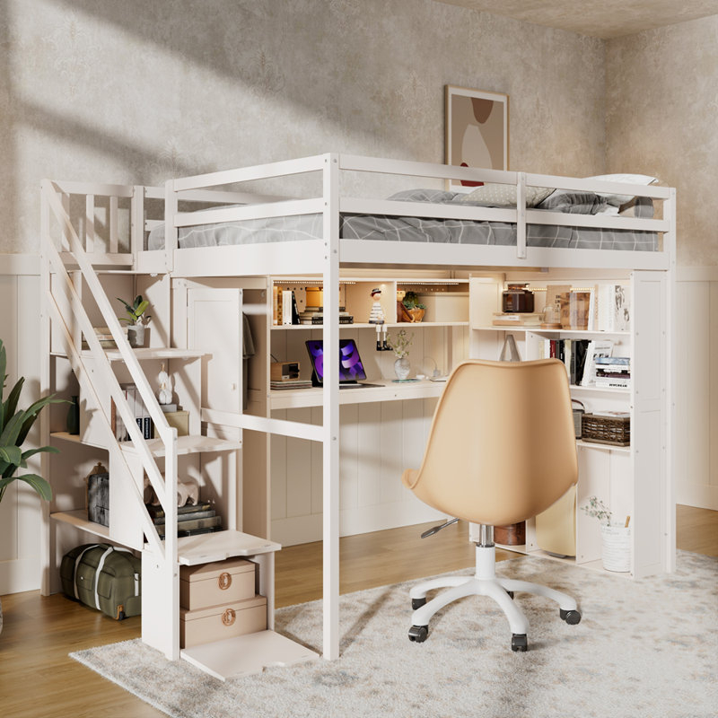Structure de lit double pleine grandeur avec garde-robe intégrée, bureau d'étude, tablettes et lumières de rangement, conception peu encombrante