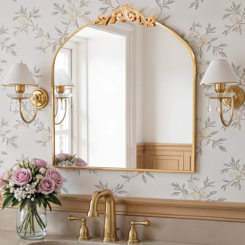 36x30 Inch Ornate Vintage Arch Acent Wall Mirror, Gold