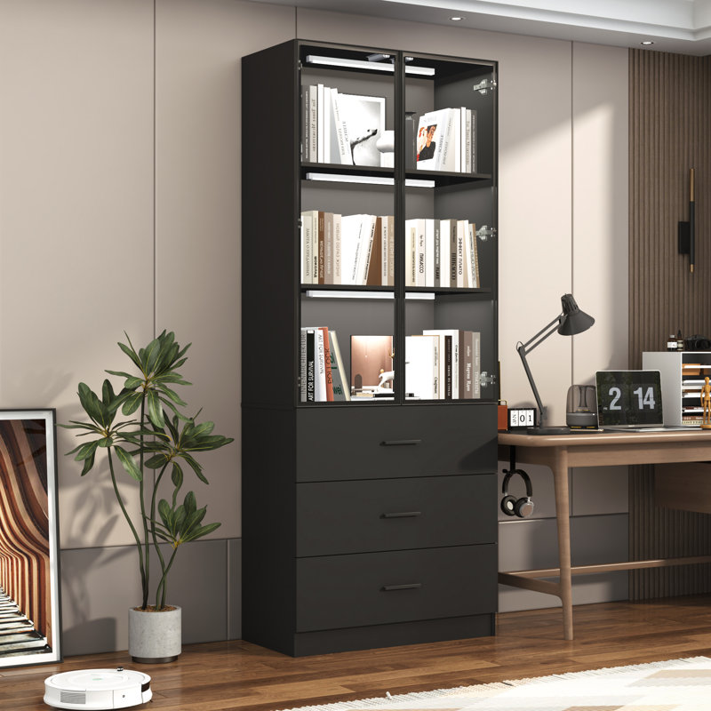 79"H Glass Display Cabinet With Sensor Light And 3 Drawers For Home And Office, Black