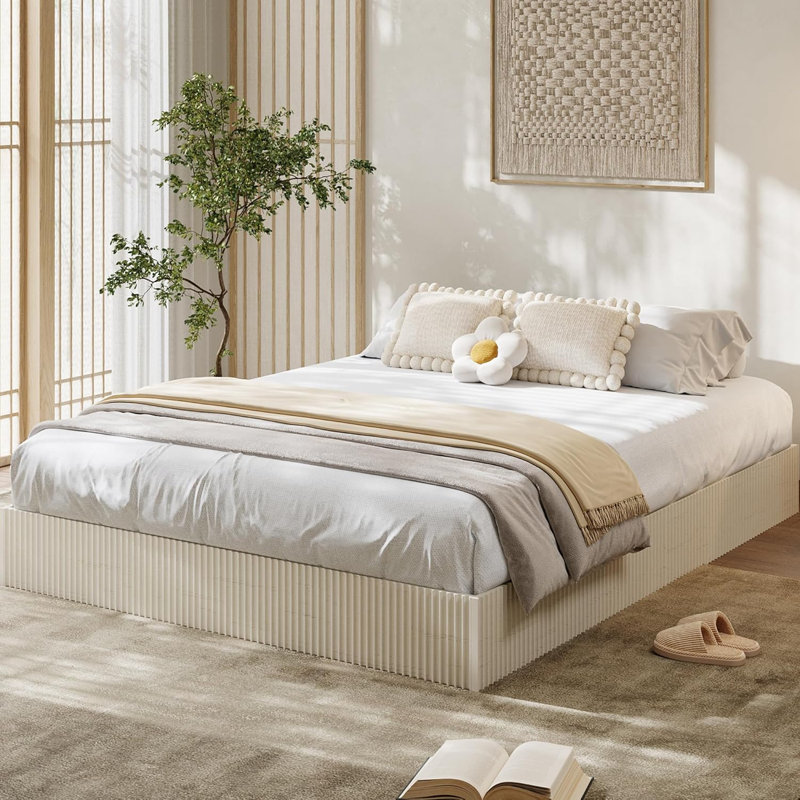 Twin-XL Size Low Profile Fluted Wood Platform Bed Frame, Noise-Free Slat Support Recessed Mattress Base, No Box Spring Required, Easy Assembly Minimalist Bed Base for Bedroom, White