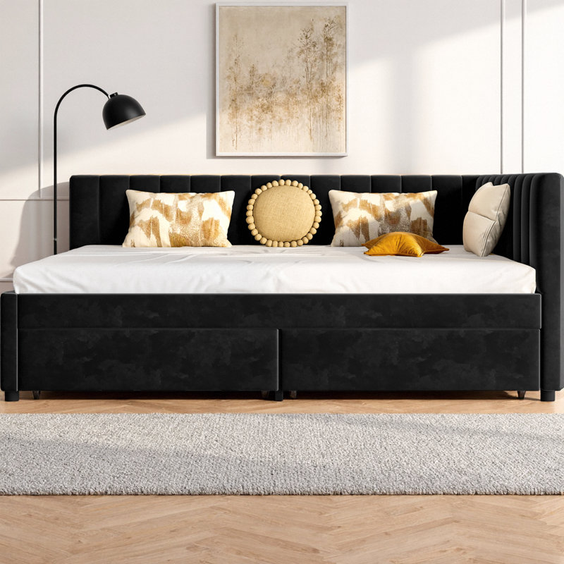 Full Size Daybed with Storage Drawers, Upholstered Corner Bed with L-Shaped Headboard, Velvet Daybed Frame for Living Room & Guest Room, Space-Saving Design