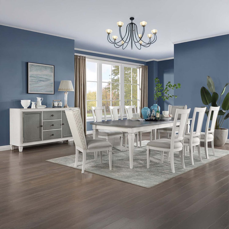 90" Katia Rectangular Dining Table w/Leaf, Rustic Gray & Weathered White Finish