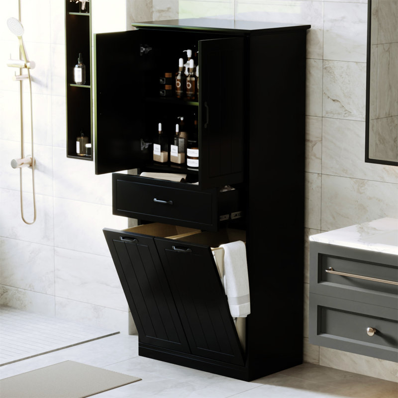 Bathroom Storage Cabinet With Two Laundry Baskets, Black