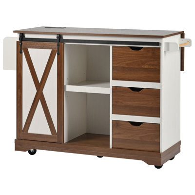 55.5" Farmhouse Kitchen Island With Drop Leaf, Kitchen Storage Island With Barn Door, Power Outlet, Rolling Kitchen Cart On Wheels With Spice Rack, For Home, Kitchen, Dining Room, White