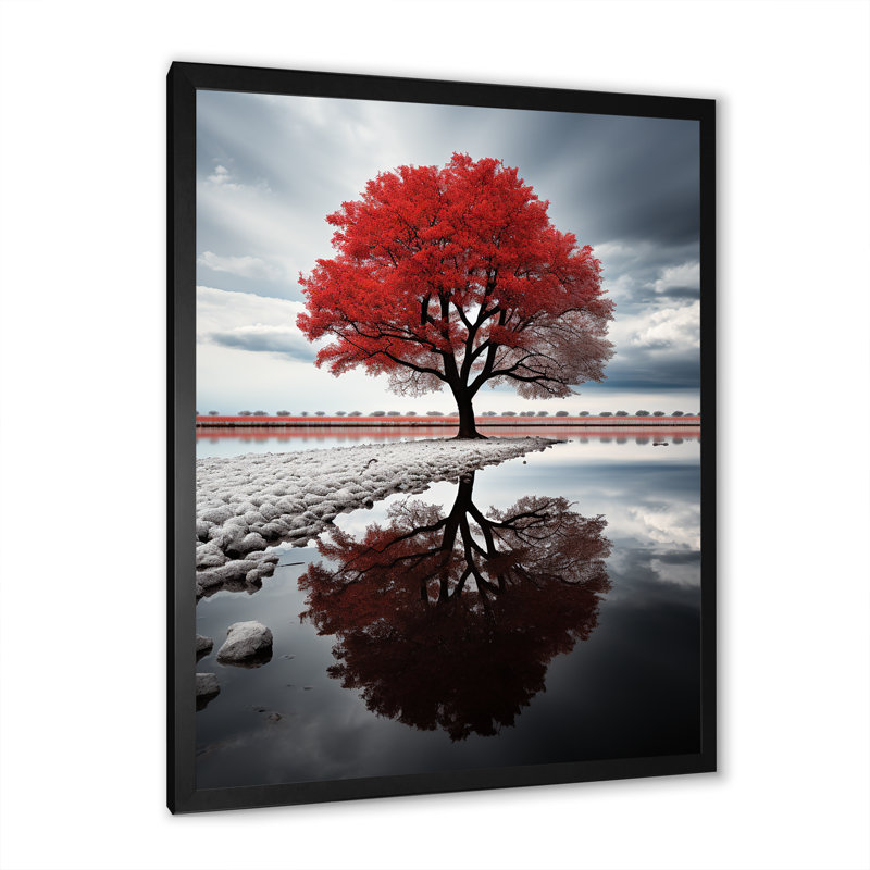Lucuss " Monochrome Red And Grey Tree Solitude II ", Black Picture Framed, 20" H x 12" W x 1" D