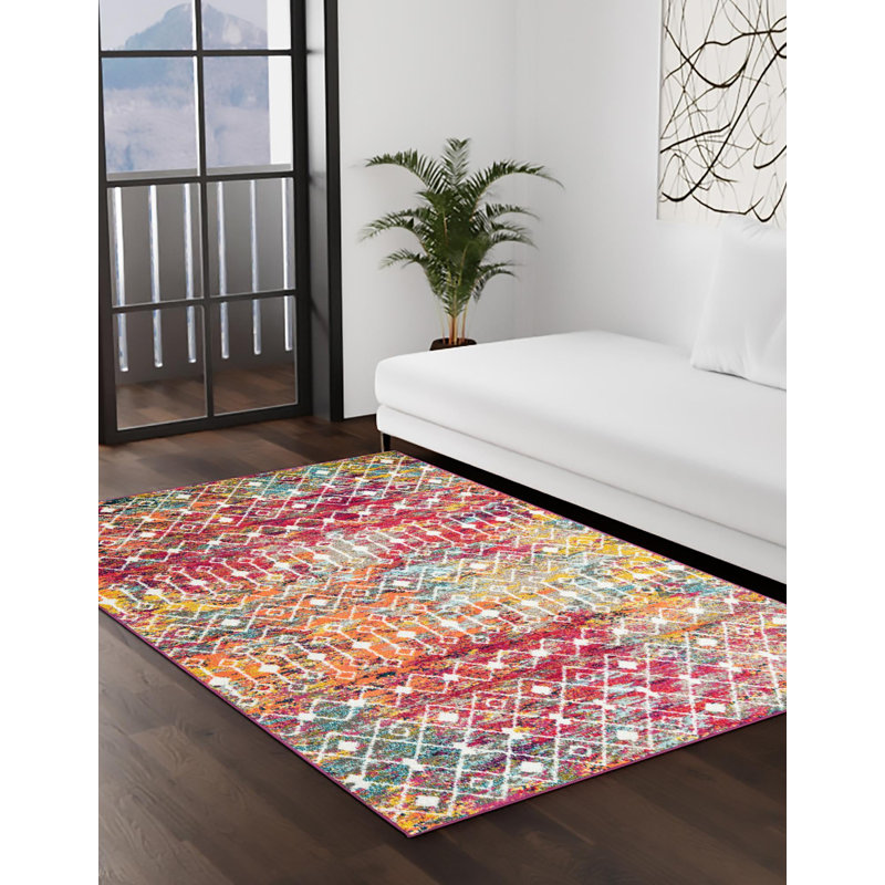 Tapis en chenille / polyester tissé à la machine à motif géométrique rose / jaune / blanc Briehn, Rectangle 10 pi x 13 pi
