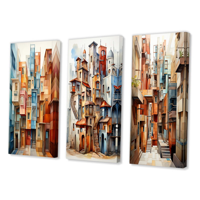 «Cubism Art Multidimensional», 3 pièces sur toile, Toile tendue, H 40 po x l 60 po