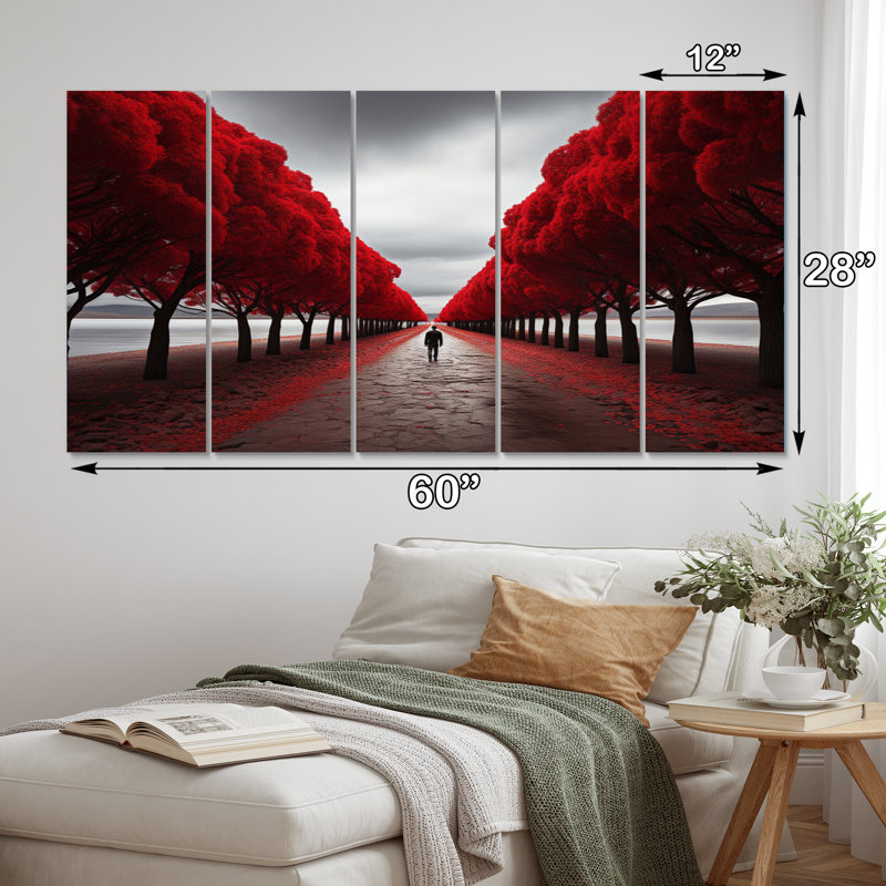 " Red And Grey Tree Solitude II " 5 - Pieces