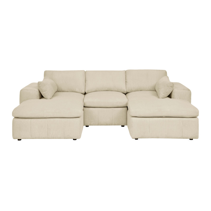 Large Arms Cordory Upholstered Modular Sectional With 2 Ottomans, Beige Corduroy