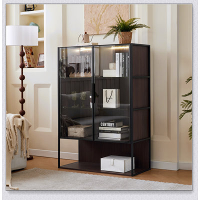 Vitrine lumineuse de 51,2 po de hauteur avec porte en verre trempé, vitrine à cadre en métal DEL, style minimaliste moderne, pour le salon, le bureau et le bureau