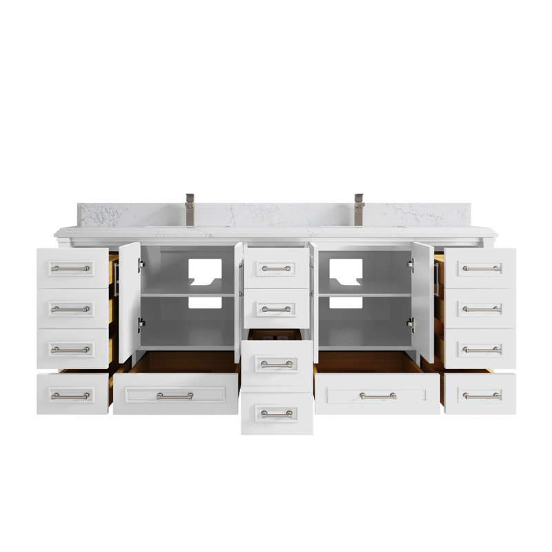 Hudson 84" White Solid Wood Double Sink Freestanding Vanity with Quartz Top