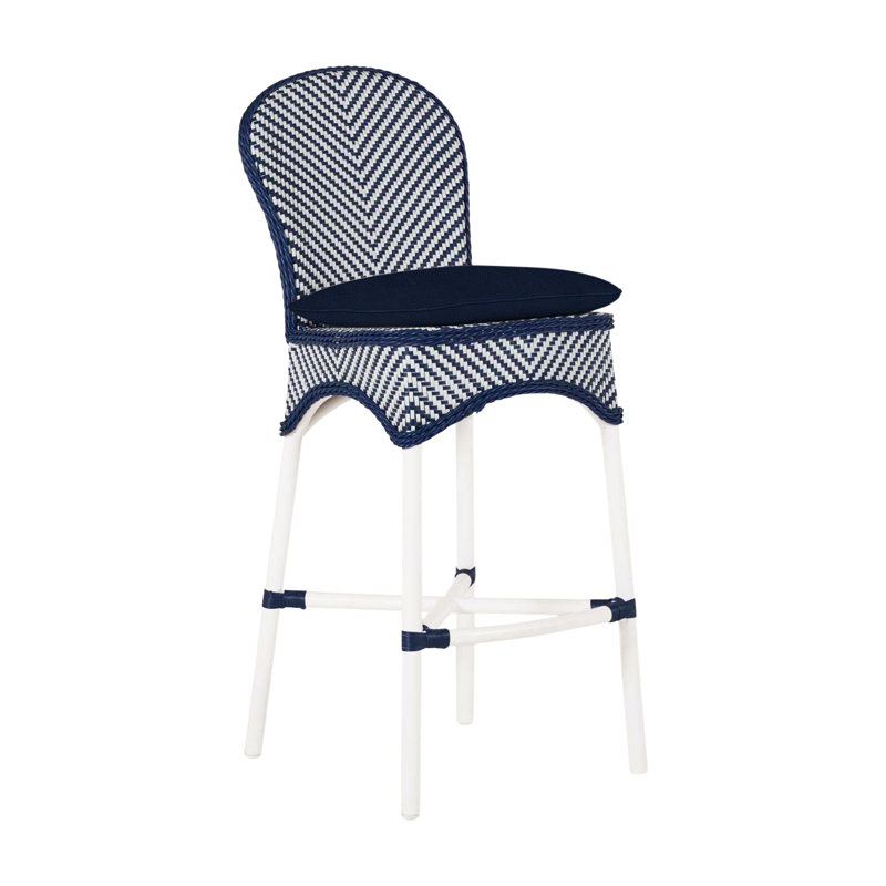 Tabouret de bar en résine et osier Savoy N-Dura, Trépointe, Velours indigo, Craie / blanc / bleu marine