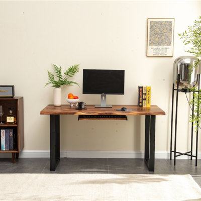  Live Edge Desk with U Shaped Legs and South American Walnut, with Keyboard Storage