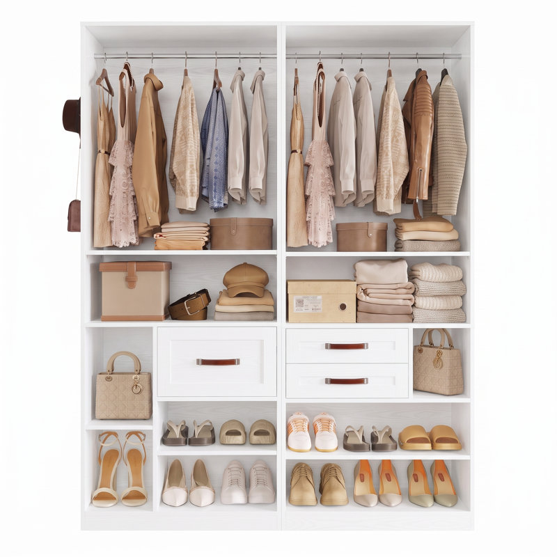 Système de rangement pour garde-robe de 155 cm (61,1 po) avec 3 tablettes réglables, 3 tiroirs, barres de suspension amovibles et 4 crochets, ensemble de 2, blanc