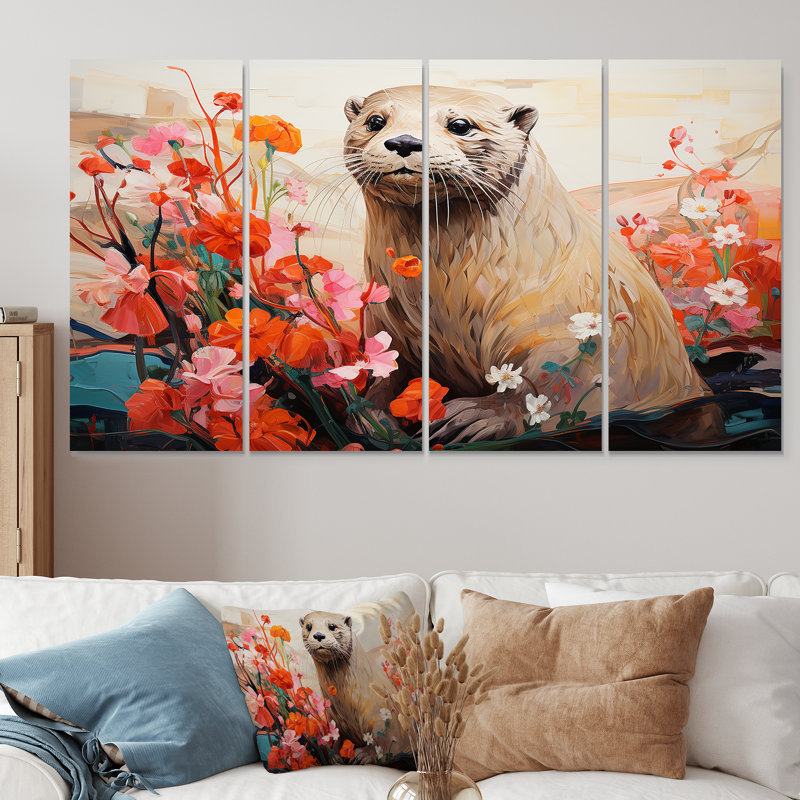 Art mural 4 pièces Playful Otter In Floral Blooms II - Loutre, H 28 po x l 48 po