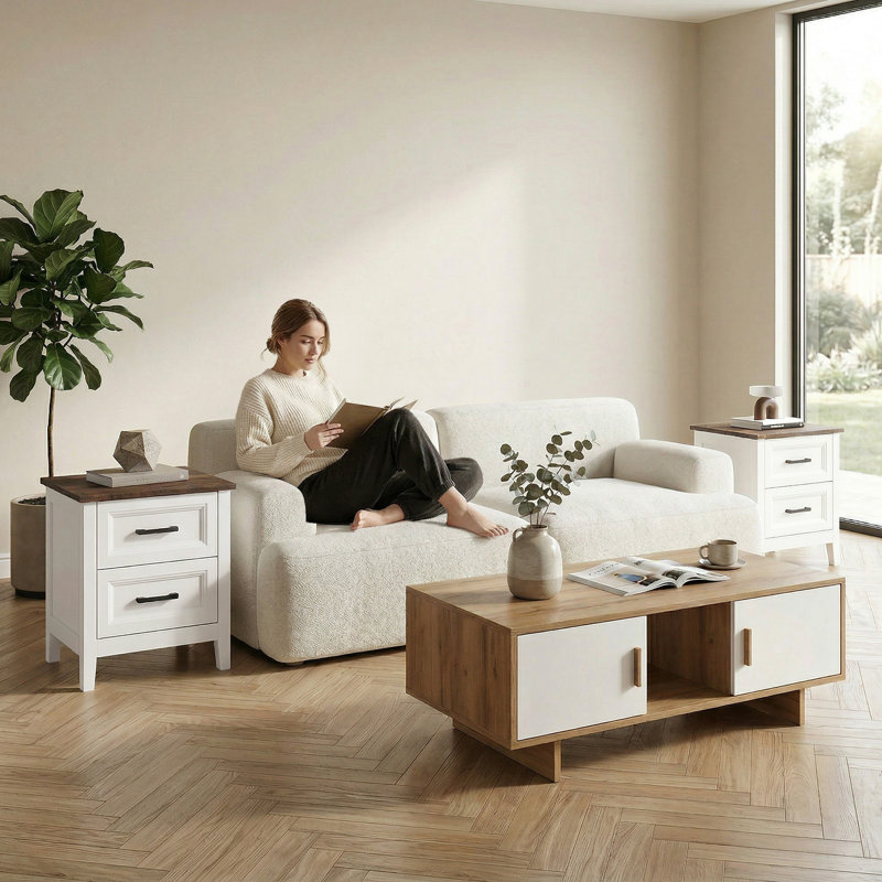 Ensemble de 2 tables de chevet avec 2 tiroirs Farmhouse