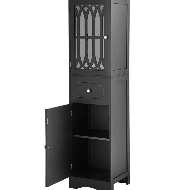 Grande armoire de salle de bain - noire, avec tablettes réglables et tablettes noires