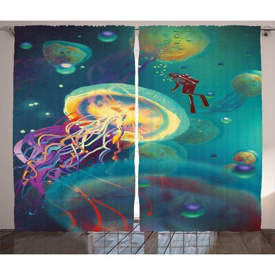 Fantasy Art Giant Jellyfish and Diver in the Sea Underwater Submarine Aquatic Art Graphic Print & Text Semi-Sheer Rod Pocket Curtain Panels -  East Urban Home, EABN8052 39454388