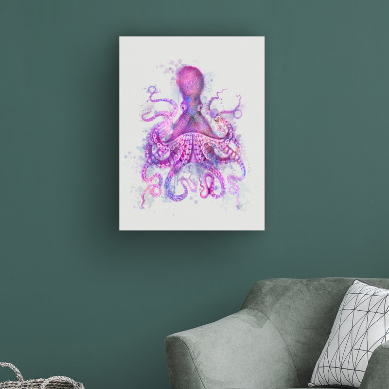 " Wrapped Canvas Wall Art - Fab Funky 'Octopus Rainbow Splash Pink' Wall Art For Living Room, Bedroom, Or Office Décor - 18x24 " by Fab Funky