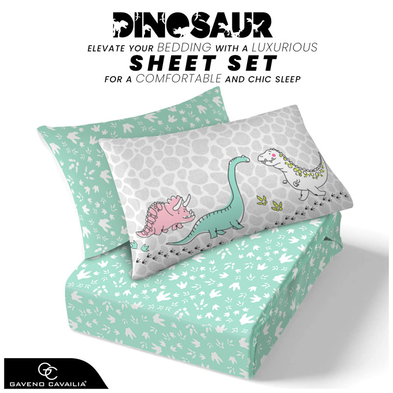 Kids Dino World Fitted Sheet Set Cotton Blend Bedding with Pillowcases Elasticated Edges Snug Fit Soft Breathable Easy Care Durable