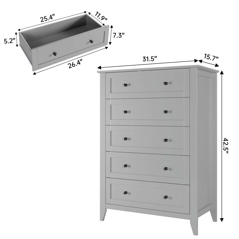 5-Drawer Tall Dresser with Deep Drawers & Metal Knobs, Modern Wood Chest, Gray