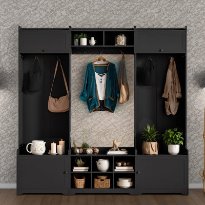 Black Modern Hall Tree (79.1 Inches Wide) 4 In 1 Entryway Bench With Shoe Storage, 8 Compartments + 7 Coat Hooks + Adjustable Shelves For Hallway Living Room