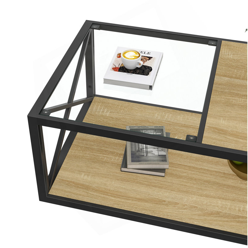 Table basse industrielle moderne avec plateau en verre trempé et bois naturel pour le salon et la chambre à coucher, Naturel