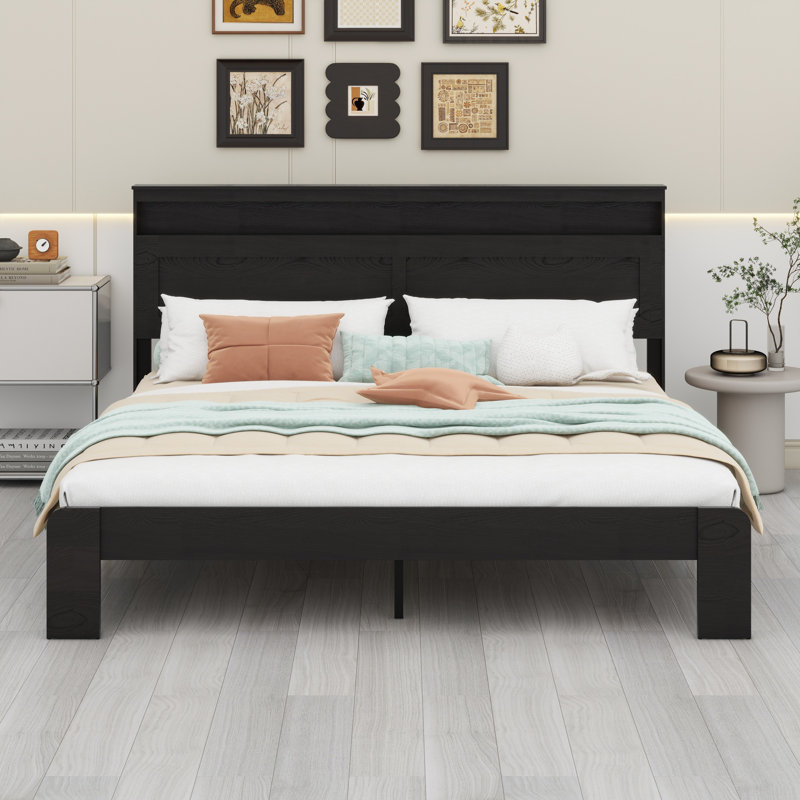 Structure de lit plateforme en bois avec tête de lit à DEL et USB, Noir foncé, Très grand lit