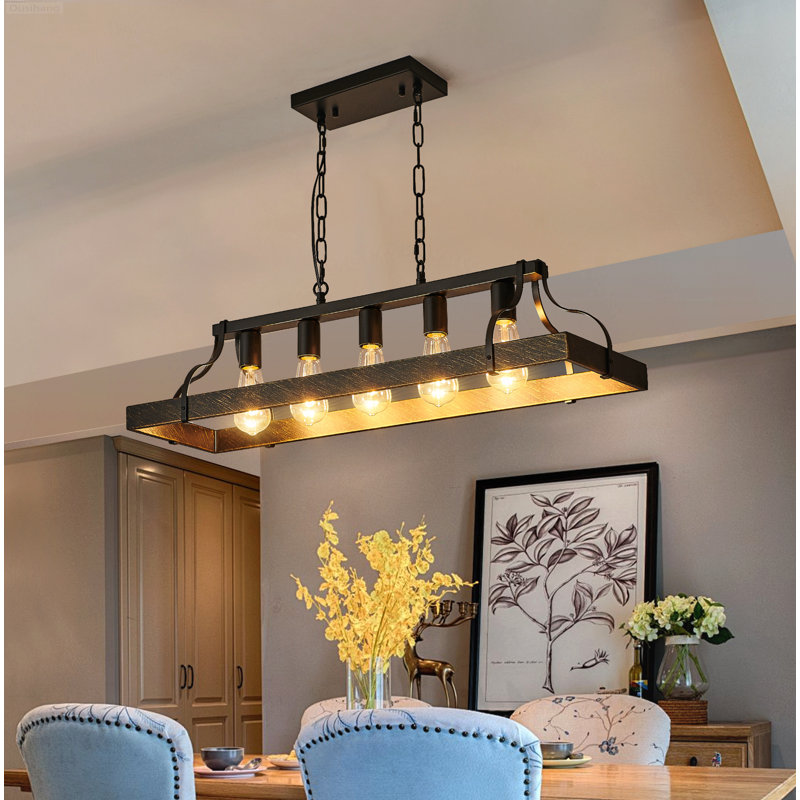 Lustre de cuisine de style industriel avec cadre linéaire à 5 lumières à hauteur réglable noir mat et doré